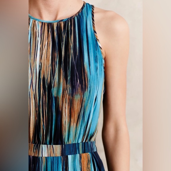 Anthropologie Paper Crown Women’s Blue and Brown Midi Dress Size 2 - Picture 3 of 16